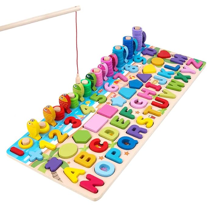 WOODENNUMBER SHAPE PUZZLE SORTING GAME FOR KIDS AGES 2 TO 5, ALPHABET MATH FISHING BLOCK STACKING TOY - Image 1