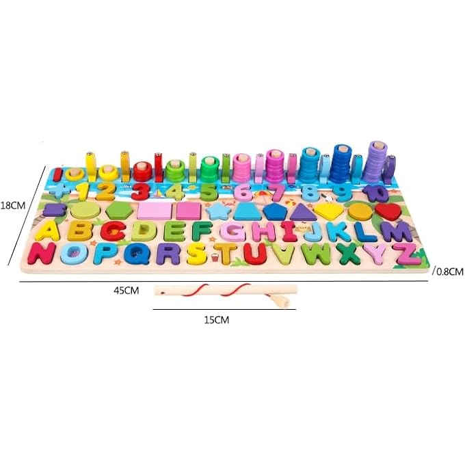 WOODENNUMBER SHAPE PUZZLE SORTING GAME FOR KIDS AGES 2 TO 5, ALPHABET MATH FISHING BLOCK STACKING TOY - Image 3