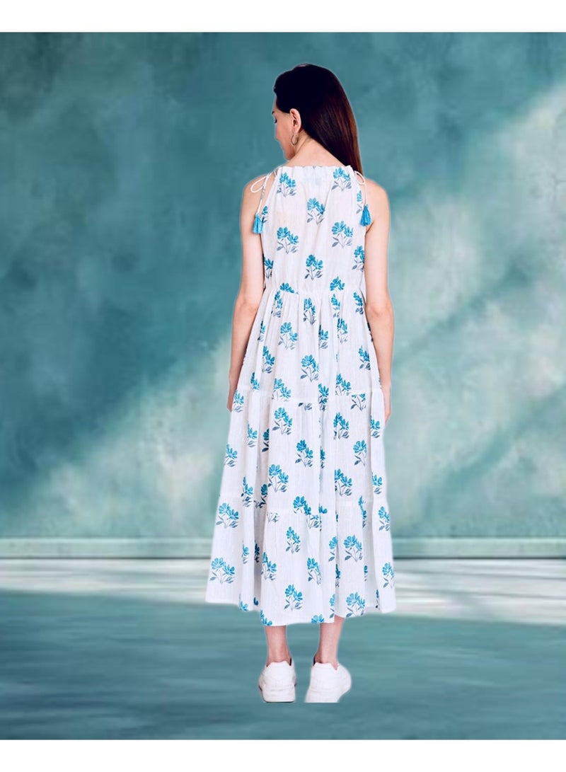 E. Atelier White Floral Tiered Cotton Dress-Unlined - Image 3