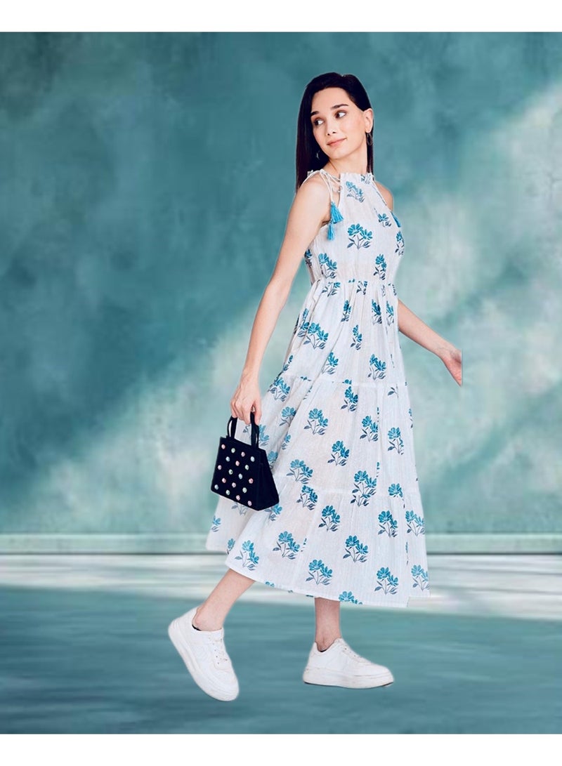 E. Atelier White Floral Tiered Cotton Dress-Unlined - Image 2