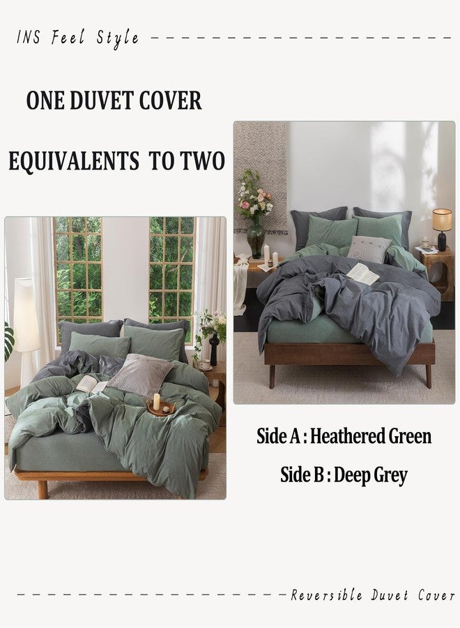 BDEAR INS Linen Feel Double Sided Reversible Duvet Cover King Size 104''W x 90''L, Oeko TEX Standard Cotton Duvet Cover with Zipper Closure Plus 2 Pillowcases,Heathered Green Plus Deep Grey - Image 2