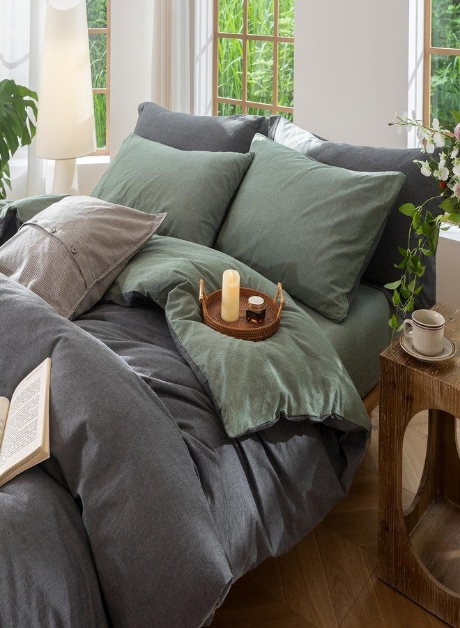 BDEAR INS Linen Feel Double Sided Reversible Duvet Cover King Size 104''W x 90''L, Oeko TEX Standard Cotton Duvet Cover with Zipper Closure Plus 2 Pillowcases,Heathered Green Plus Deep Grey - Image 1