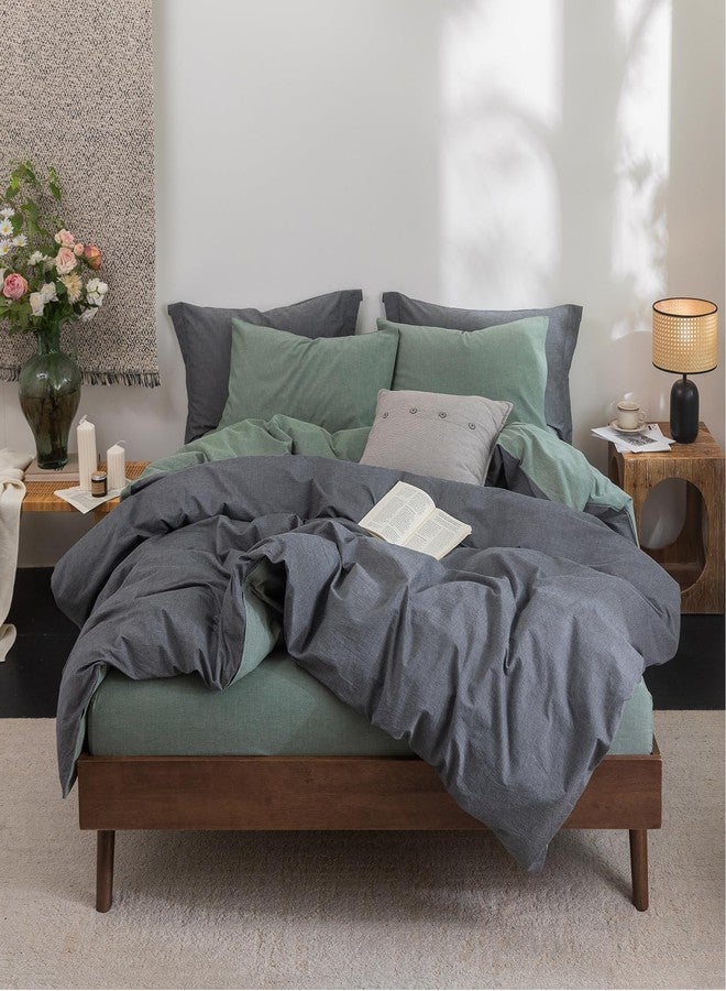 BDEAR INS Linen Feel Double Sided Reversible Duvet Cover King Size 104''W x 90''L, Oeko TEX Standard Cotton Duvet Cover with Zipper Closure Plus 2 Pillowcases,Heathered Green Plus Deep Grey - Image 5