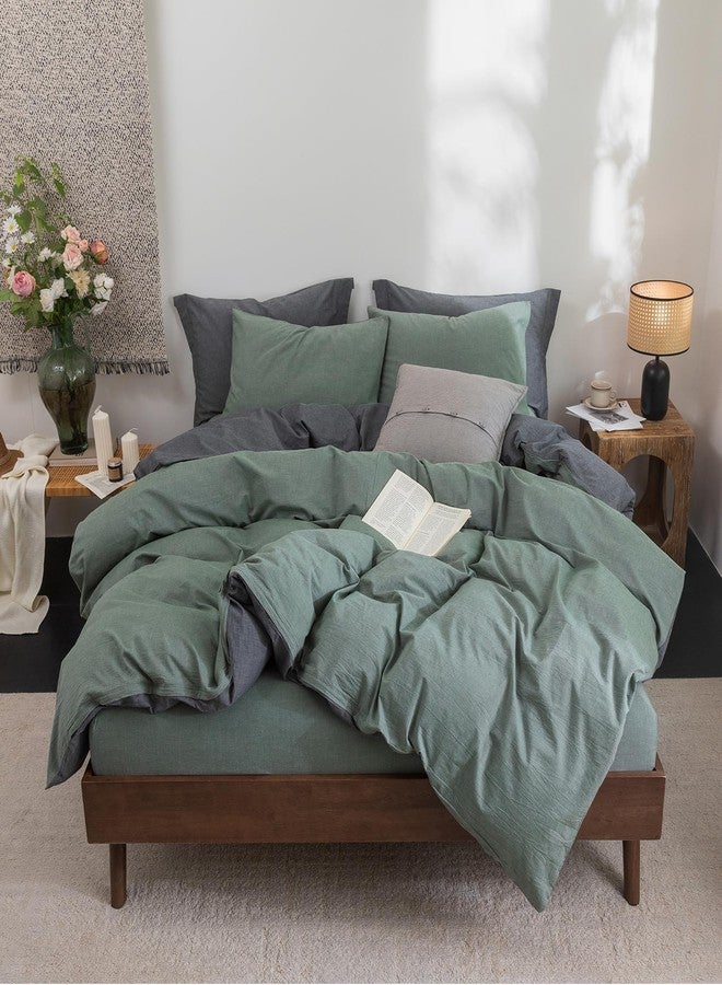BDEAR INS Linen Feel Double Sided Reversible Duvet Cover King Size 104''W x 90''L, Oeko TEX Standard Cotton Duvet Cover with Zipper Closure Plus 2 Pillowcases,Heathered Green Plus Deep Grey - Image 3