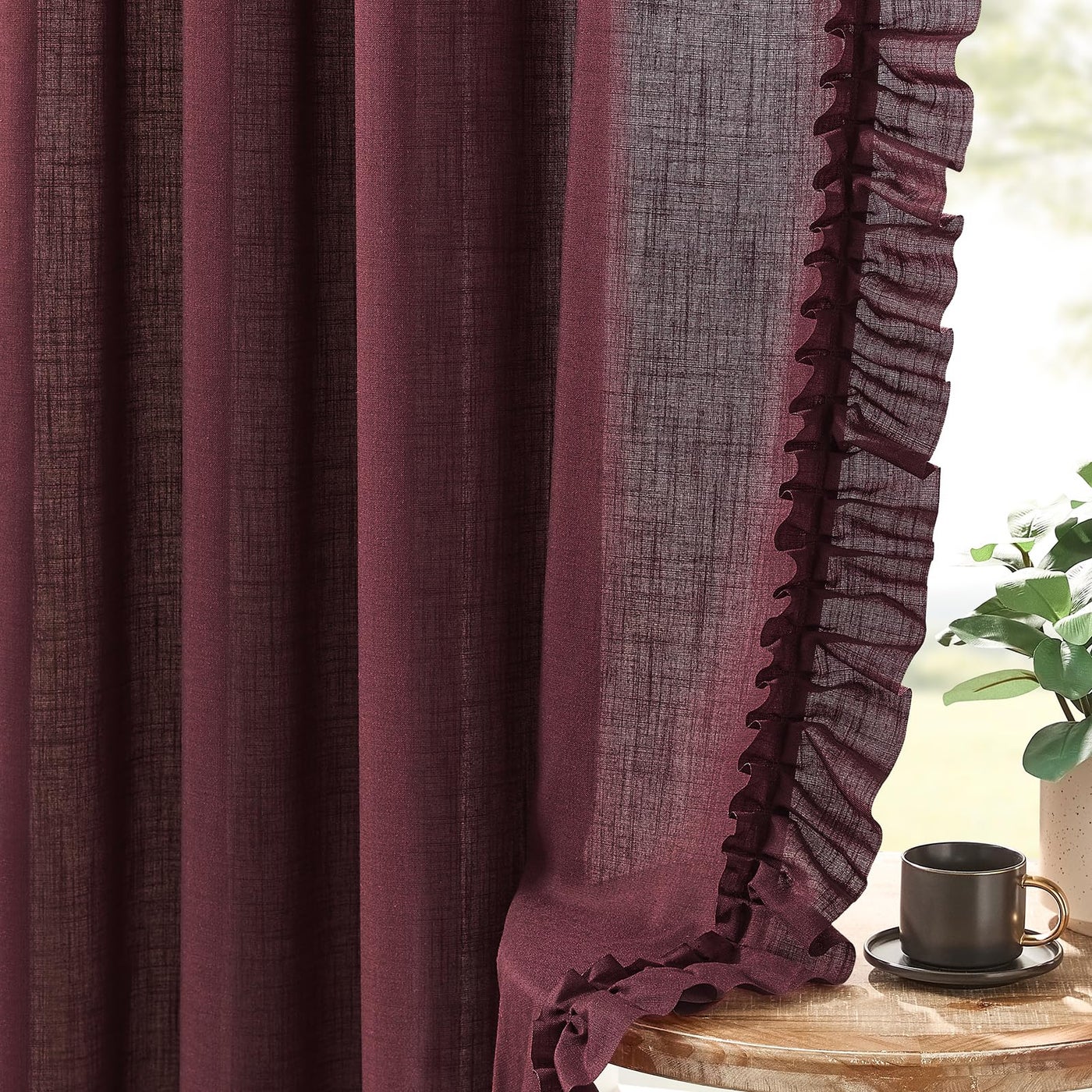 TERLYTEX Burgundy Ruffle Curtains 63 Inch Length, 2 Panels, W47 x L63 Inch, Linen Textured Scalloped Farmhouse Curtains for Bedroom, Rod Pocket Privacy Light Filtering Semi-Sheer Linen Christmas Flowy