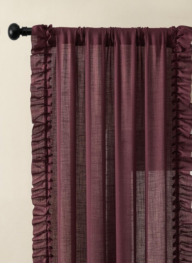 TERLYTEX Burgundy Ruffle Curtains 63 Inch Length, 2 Panels, W47 x L63 Inch, Linen Textured Scalloped Farmhouse Curtains for Bedroom, Rod Pocket Privacy Light Filtering Semi-Sheer Linen Christmas Flowy Curtain - Image 2