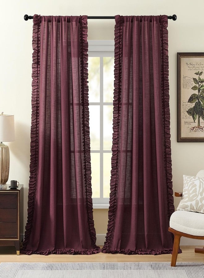 TERLYTEX Burgundy Ruffle Curtains 63 Inch Length, 2 Panels, W47 x L63 Inch, Linen Textured Scalloped Farmhouse Curtains for Bedroom, Rod Pocket Privacy Light Filtering Semi-Sheer Linen Christmas Flowy Curtain - Image 5
