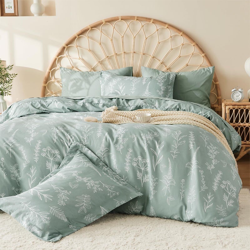 MUXHOMO Duvet Cover King Size Reversible Floral Green Duvet Cover Set with Zipper Closure 3 Pieces Botanical Patterns Soft Microfiber Bedding Set 90x104 2 Pillow Cases 2036