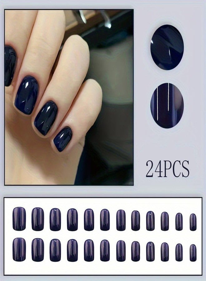 HJKDSFD Extra Short Acrylic Press on Nails Dark Blue Fake Nails Short Square Glue on Nails Solid Color False Nails with Designs Glossy Acrylic Full Cover Stick on Nails for Women Girls 24Pcs - Image 2