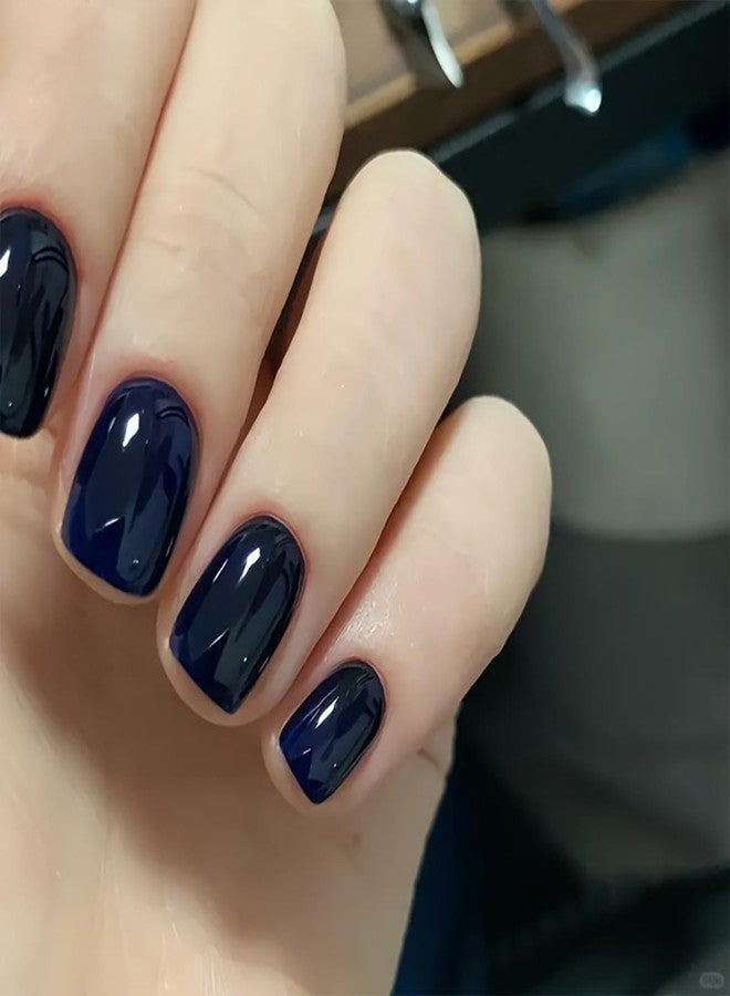 HJKDSFD Extra Short Acrylic Press on Nails Dark Blue Fake Nails Short Square Glue on Nails Solid Color False Nails with Designs Glossy Acrylic Full Cover Stick on Nails for Women Girls 24Pcs - Image 1