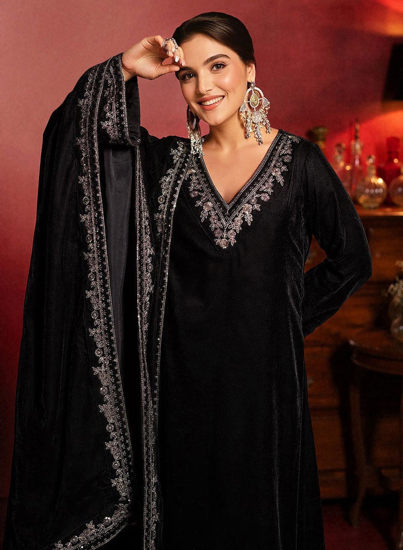 ISHIN Women'S Black Velvet Self Design Full Length Palazzo Kurta Set - Image 3