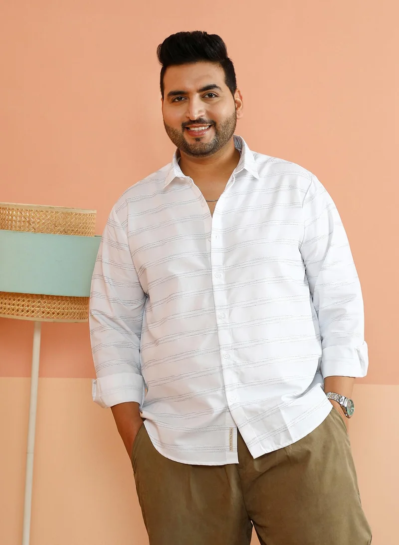 Instafab Plus Instafab Plus Men's Chalk White Horizontal Textured-Stripe Shirt For Casual Wear | Spread Collar | Long Cuffed Sleeves | Button Closure | Plus Size Shirt Crafted With Comfort Fit For Everyday Wear