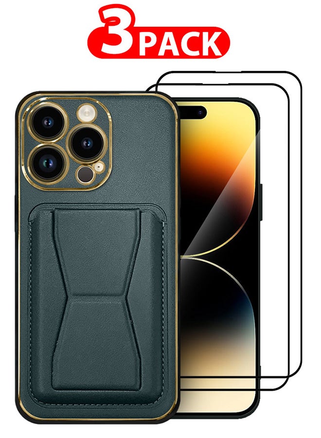 CATANES 3 Packs For iPhone 14 Pro Case Cover and 2 Screen Protectors Kickstand And Wallet Case Green - Image 1