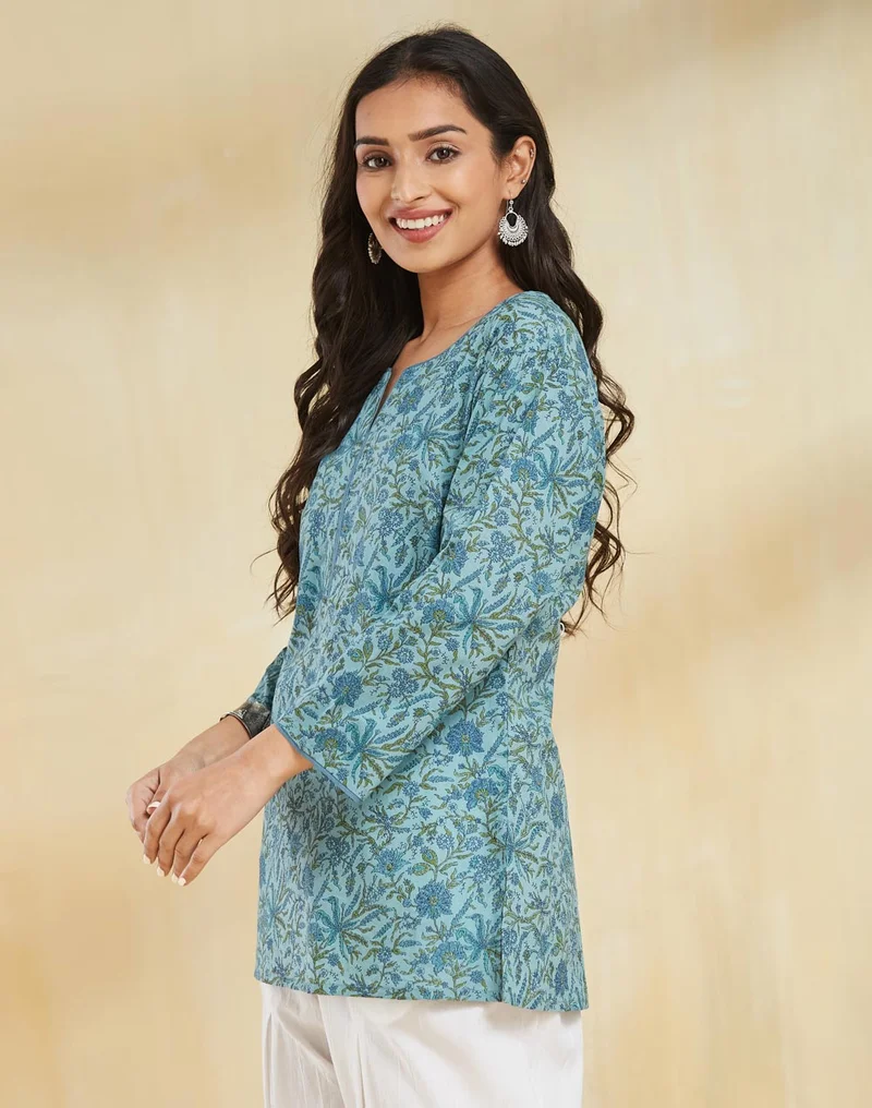 Fabindia Blue Cotton Slim fit Printed Short Kurta