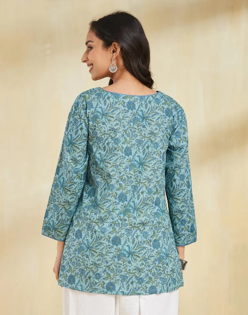 Fabindia Blue Cotton Slim fit Printed Short Kurta