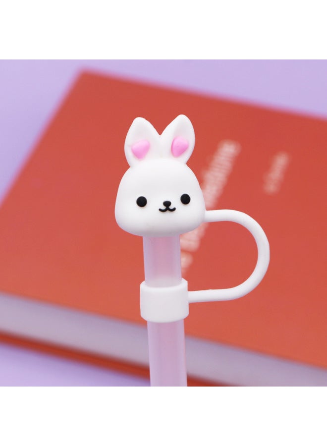 Silicone Straw Cap 8-10mm Cute Flower Doll Dust Cap Can Be Recycled Straw Plug-Color:Silicone White Ears Rabbit 10mm-Specifications:Bagged Without Straw - Image 1