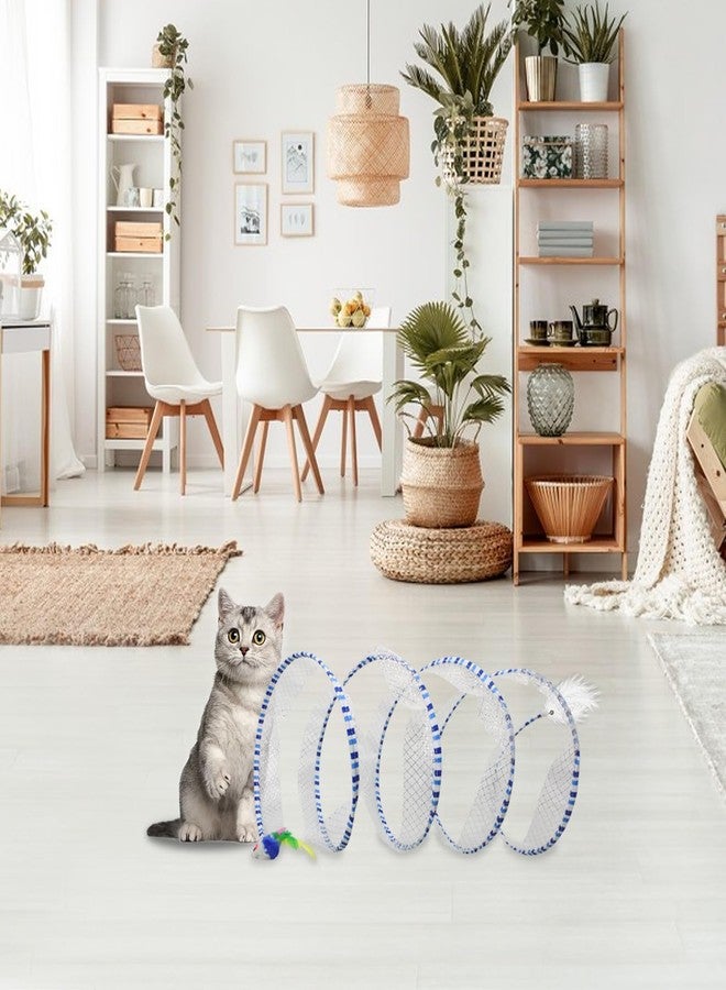 Andiker Cat Tunnel Toy, 10 inch Collapsible Metal Cat Spring Toy with Nylon Mesh, Feather, Mouse, and Bell, Interactive Cat Toys for Indoor Cats to Scratch, Puzzle, Relax and Kill Time (Blue) - Image 4