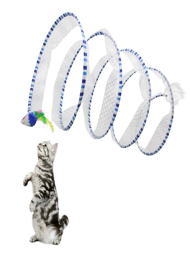 Andiker Cat Tunnel Toy, 10 inch Collapsible Metal Cat Spring Toy with Nylon Mesh, Feather, Mouse, and Bell, Interactive Cat Toys for Indoor Cats to Scratch, Puzzle, Relax and Kill Time (Blue) - Image 1