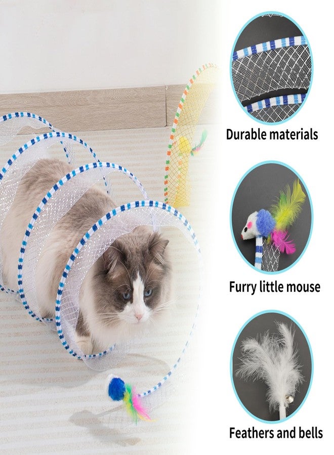 Andiker Cat Tunnel Toy, 10 inch Collapsible Metal Cat Spring Toy with Nylon Mesh, Feather, Mouse, and Bell, Interactive Cat Toys for Indoor Cats to Scratch, Puzzle, Relax and Kill Time (Blue) - Image 3