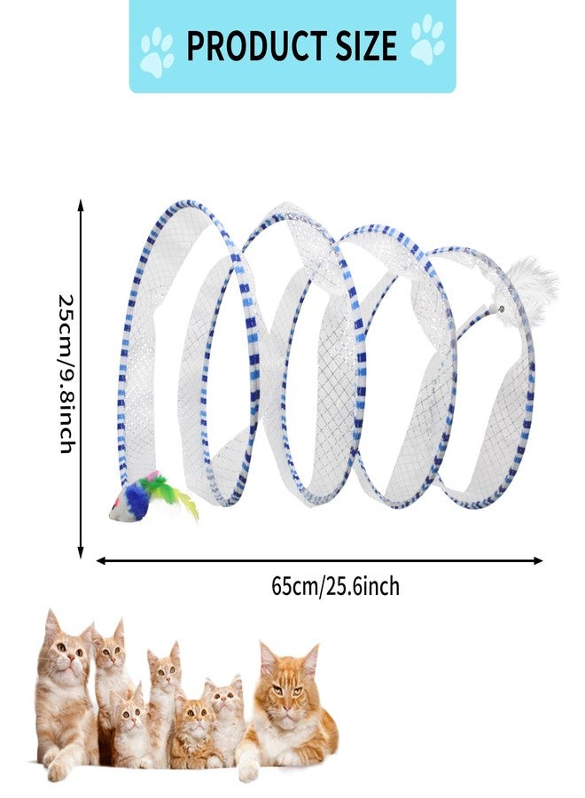 Andiker Cat Tunnel Toy, 10 inch Collapsible Metal Cat Spring Toy with Nylon Mesh, Feather, Mouse, and Bell, Interactive Cat Toys for Indoor Cats to Scratch, Puzzle, Relax and Kill Time (Blue) - Image 2