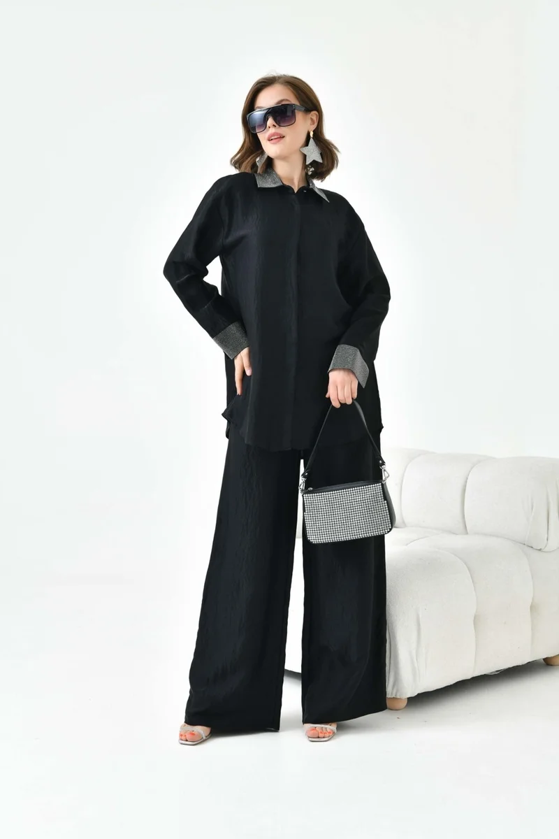 جارمي Women's Collar and Sleeve Stoned Set Black