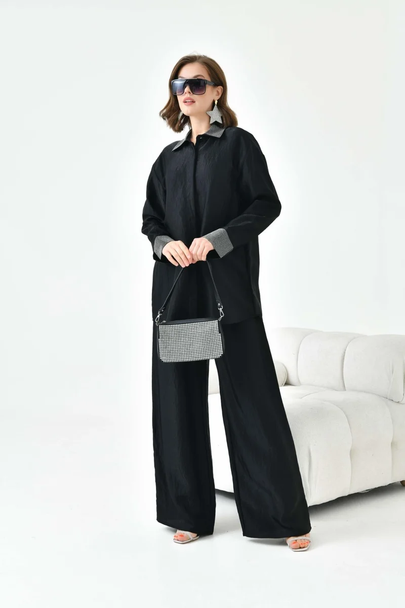 جارمي Women's Collar and Sleeve Stoned Set Black