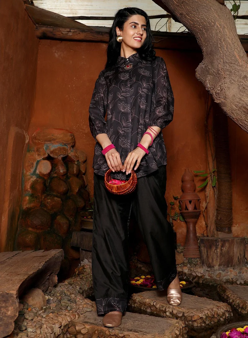 QISSA Women's Midnight Black Flora Lined Kurti With Trousers