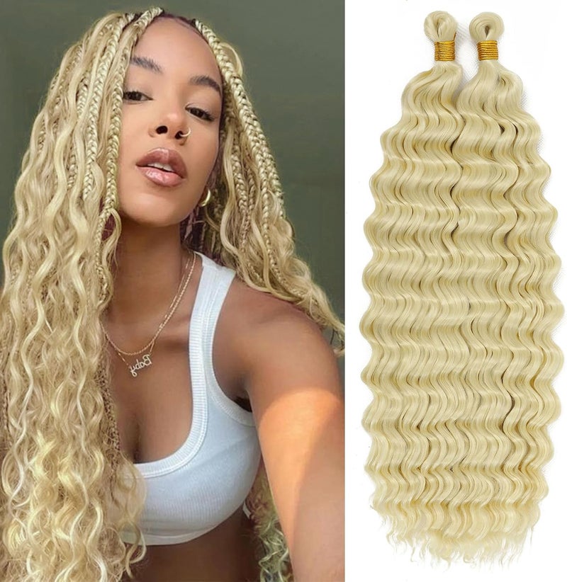 Eerya Long Curly Braiding Hair 18 Inch 2 Packs Blonde Ocean Wave Crochet Hair for Black Women Deep Wave Braiding Hair for Boho Braids (18 inch, #613) - Image 1