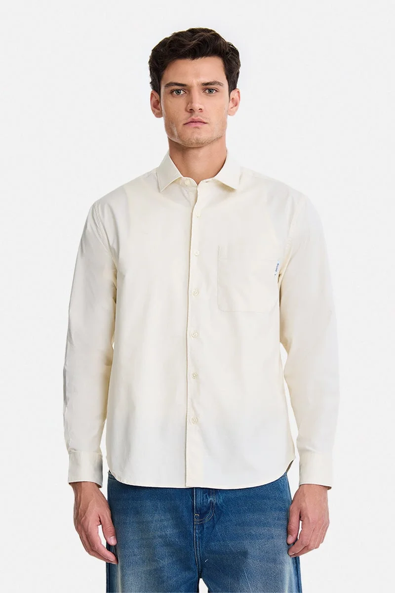 SNITCH Cream Solid Long Sleeve Regular Fit Casual Shirt