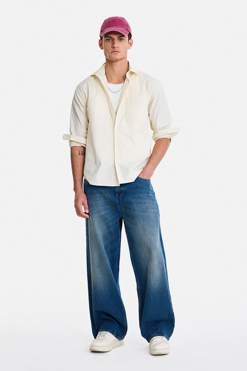 SNITCH Cream Solid Long Sleeve Regular Fit Casual Shirt