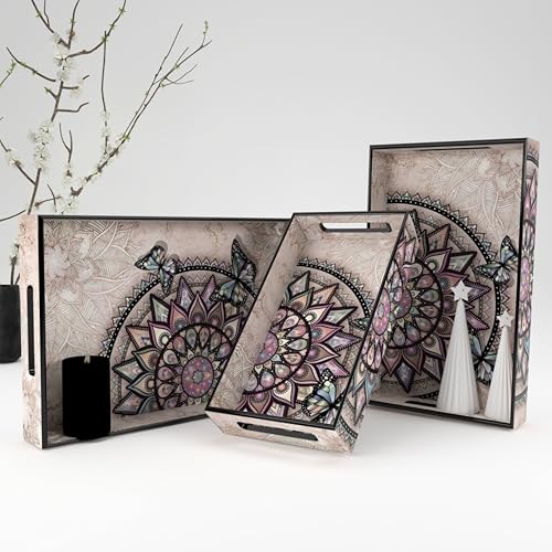 Castleite Elisa Mandala Wooden Trays for Serving & Decoration-Set of 3 | Handcrafted Organizers with Cut-Out Handles for Dining & Home Decor | Epoxy Resin Finish-Size Small, Medium & Large (Isadora) - Image 1