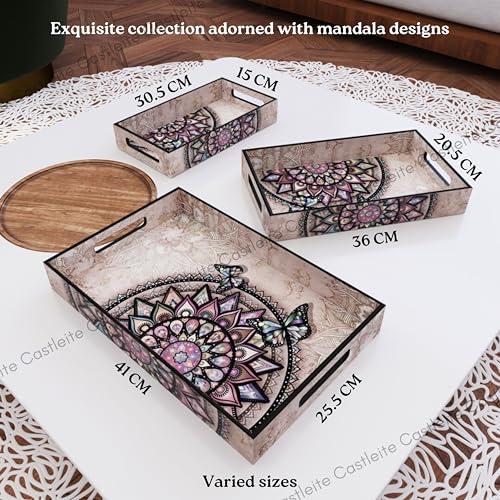 Castleite Elisa Mandala Wooden Trays for Serving & Decoration-Set of 3 | Handcrafted Organizers with Cut-Out Handles for Dining & Home Decor | Epoxy Resin Finish-Size Small, Medium & Large (Isadora) - Image 5