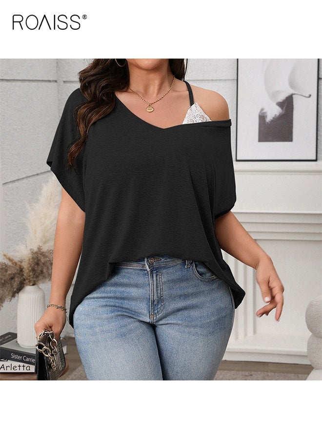 رويس بلوزة نسائية كاجوال بلون سادة بدون أكتاف وأكمام خفاش، بلوزة ناعمة ومريحة للارتداء اليومي والأزياء العصرية - Image 4