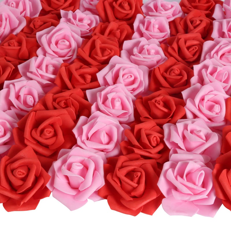 INSUNSIX 100pcs Red Foam Roses Heads3inch Pink Faux Flowers Artificial Rose Stemless Fake Flower Bulk for DIY Floral CraftsCake Decoration WeddingBaby Shower Flower CenterpiecesRed Pink