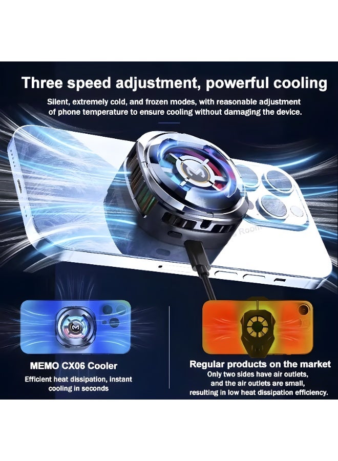 Memo CX06 Magnetic Mobile Cooling Fan - Temperature Display - Instant Cooling - Low Noise Design - USB & Type-C Connection - Black - Image 3