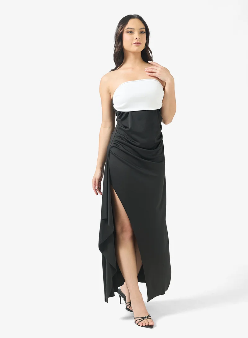 Ginger Monochrome Bandeau Evening Dress with Slit