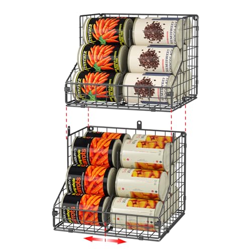 JKsmart Stackable Can Organizer for Pantry with 2 Adjustable Dividers, Soda Can Organizer, Can Storage Dispenser Holds up to 28 Cans, 2 tier Metal Wire Baskets Can Holder for Kitchen Cabinet Pantry, Black - Image 1