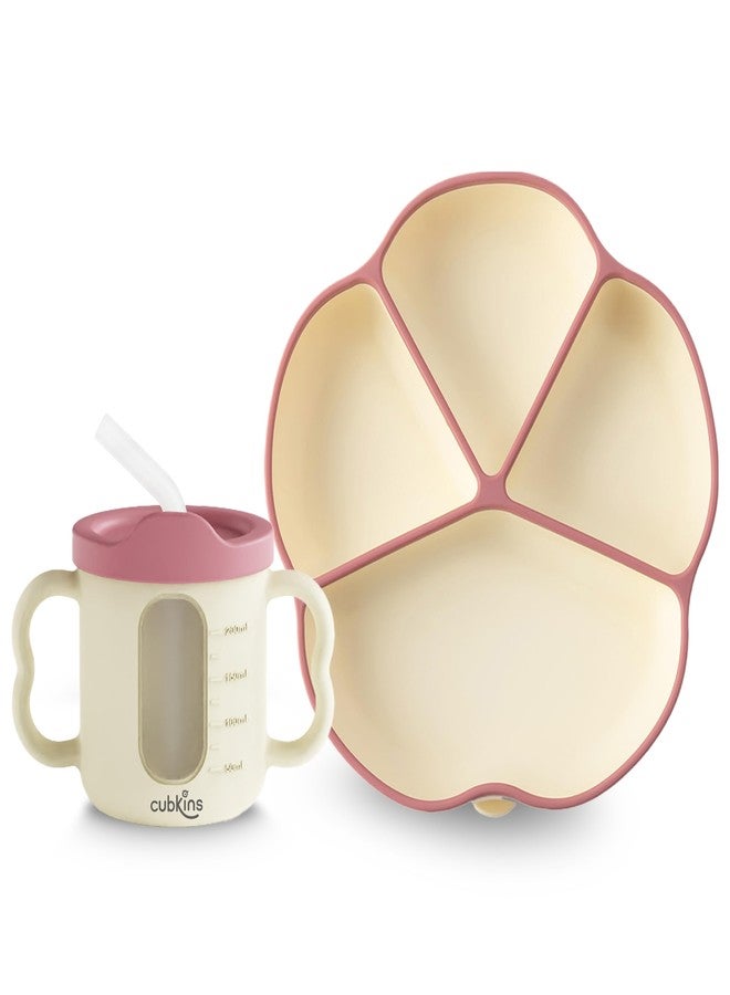 CUBKINS Silicone Suction Feeding Plate with Sippy Cup for Babies, Infants | Feeding Set for Kids, Toddlers | Washable & Reusable, Non-Messy Easy to Clean (Raspberry) - Image 1