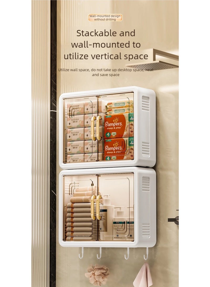 نيم خزانة حمام رف حمام معلق دولاب حمام رف حمام حائطي كبير السعة 39×31×13 سم بدون حفر - منظم الحمام والمكياج بمقاومة الغبار والرطوبة مع أبواب و خطاطيف و أرفف قابلة للتعديل - Image 3