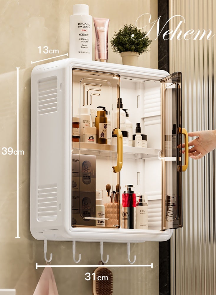 نيم ارفف حمام منظمات حمام صيدلية حمام خزانة حمام رف حمام معلق دولاب حمام رف حمام حائطي كبير السعة 39×31×13 سم بدون حفر - منظم الحمام والمكياج بمقاومة الغبار والرطوبة مع أبواب و خطاطيف و أرفف قابلة للتعديل - Image 1