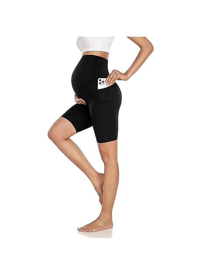 Maternity Shorts Over Belly with Pockets - 8'' High Waisted Workout Yoga Pregnancy Biker Short Gym Active Women's Short Leggings,BLACK-L  - Image 1
