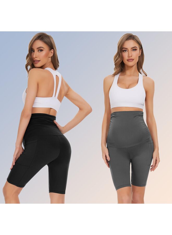 Maternity Shorts Over Belly with Pockets - 8'' High Waisted Workout Yoga Pregnancy Biker Short Gym Active Women's Short Leggings,BLACK-L  - Image 4