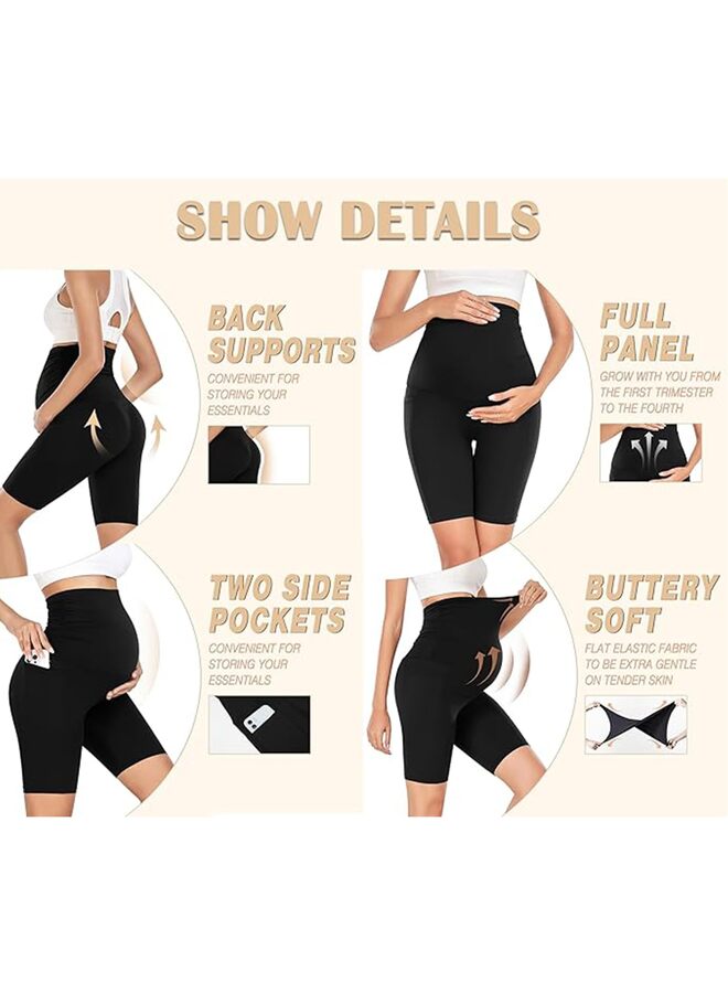 Maternity Shorts Over Belly with Pockets - 8'' High Waisted Workout Yoga Pregnancy Biker Short Gym Active Women's Short Leggings,BLACK-L  - Image 2