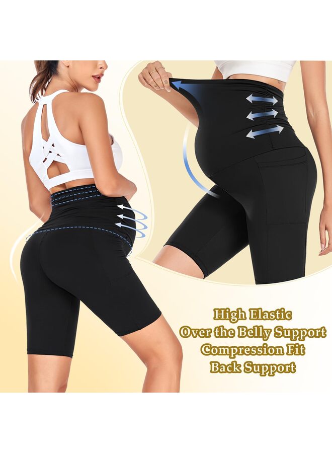 Maternity Shorts Over Belly with Pockets - 8'' High Waisted Workout Yoga Pregnancy Biker Short Gym Active Women's Short Leggings,BLACK-L  - Image 3