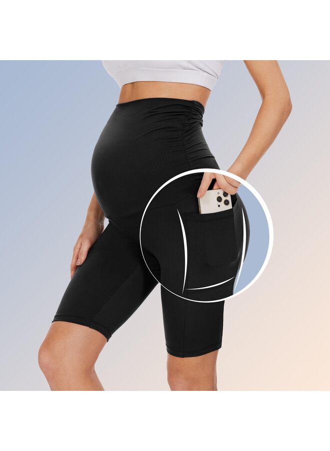 Maternity Shorts Over Belly with Pockets - 8'' High Waisted Workout Yoga Pregnancy Biker Short Gym Active Women's Short Leggings,BLACK-L  - Image 5