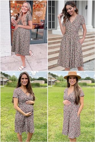 OUGES Women's 2025 Summer Short Sleeve V Neck Floral Midi Dress with Pockets Maternity Nursing Dresses Clothes(Floral B,M) - Image 5