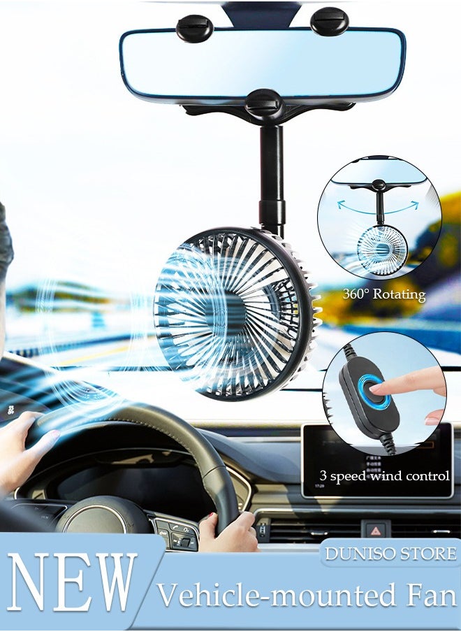 DUNISO USB Car Fan 12V for Car Interior Rear View Mirror, Adjustable Car Clip Fan, Car Essentials Car Cooler Fan with Stepless Speed Regulation for Car/Vehicle SUV, RV  - Image 1