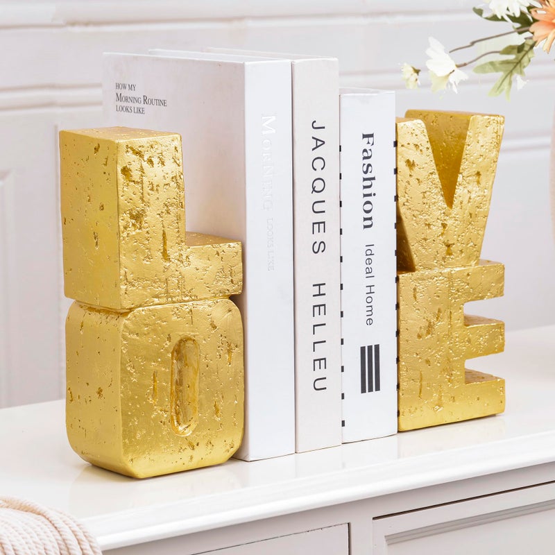 Kakizzy Book Ends Decorative Love Design,Modern Heavy Duty Gold Bookends for Shelves,Resin Book Holders, Book Stoppers for Home Desk Decoration, Unique Love Sculpture Bookends,Gifts for Christmas's Day - Image 4