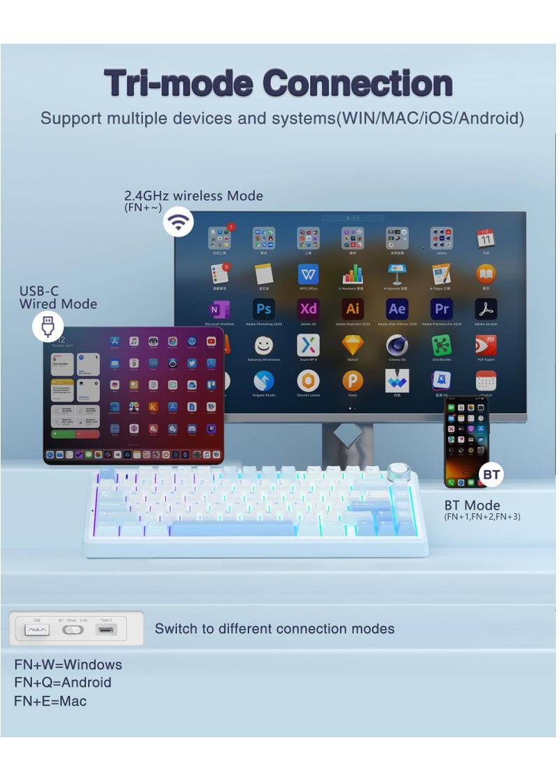 أولا لوحة مفاتيح ميكانيكية لاسلكية F75 مع مفاتيح إضاءة RGB للألعاب - Image 3