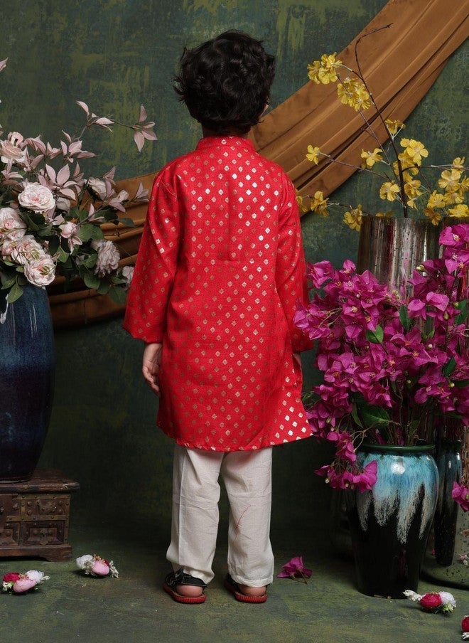 Saka Designs Floral Printed Red Kurta With Pyjamas For Boys - Image 4
